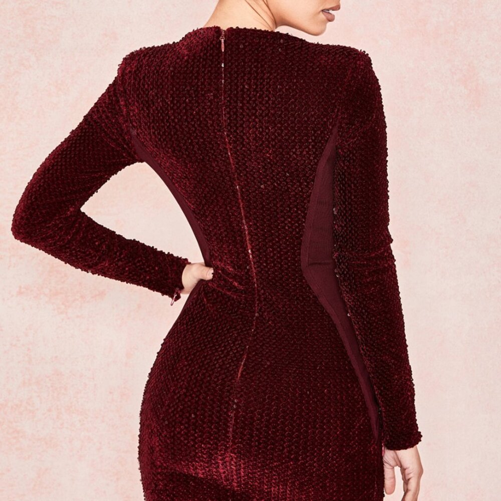House of CB Wine Velvet Sequin Long Sleeve Dress - Picture 3 of 7